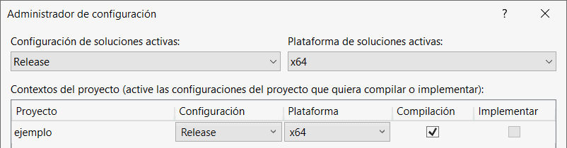 VS - Administrador de configuración - Release, x64