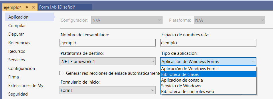 VS - PROYECTO - Propiedades - Tipo de Aplicación (Biblioteca de clases)