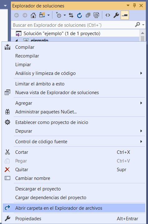 VS - Explorador de soluciones - Abrir carpeta