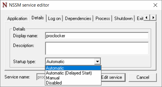 NSSM service editor - Details - Startup type