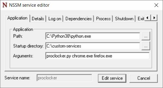 NSSM service editor
